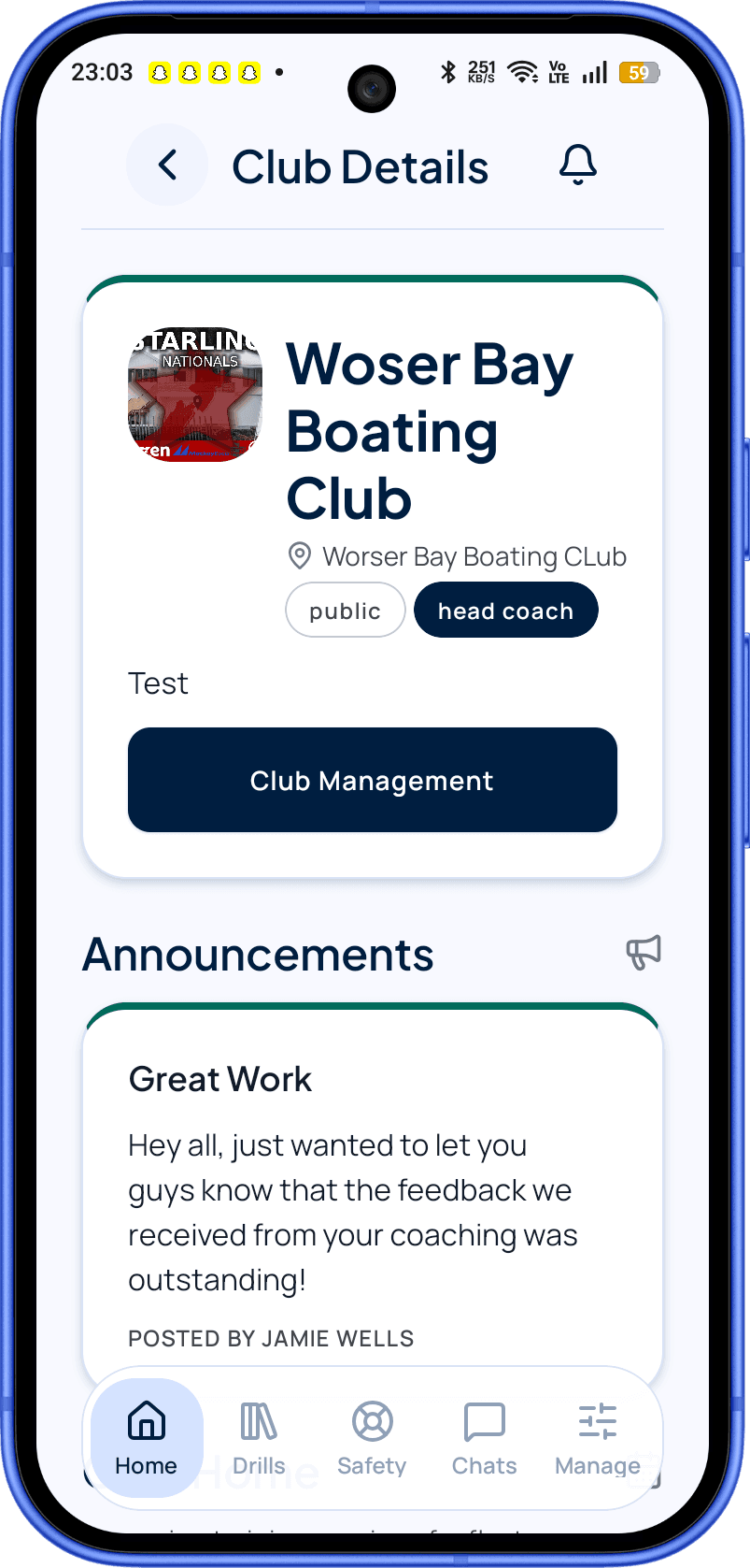 Sail Me club home screen showing club details, announcements and navigation.