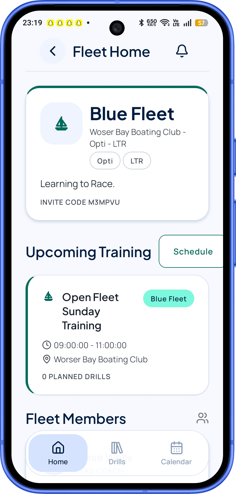 Sail Me fleet home showing upcoming training.