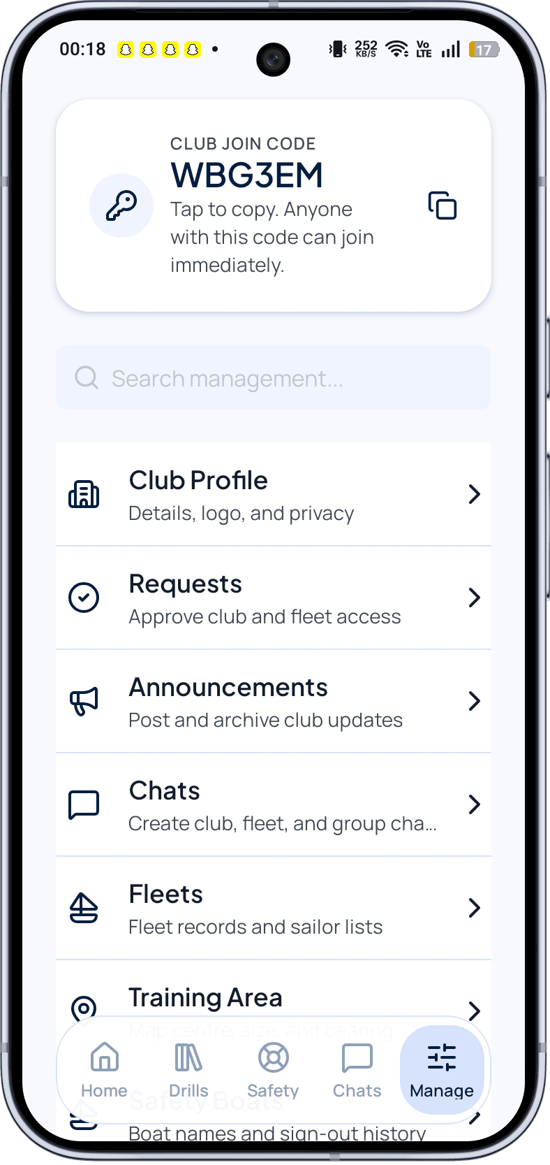 Sail Me club management screen showing the join code and management tools.