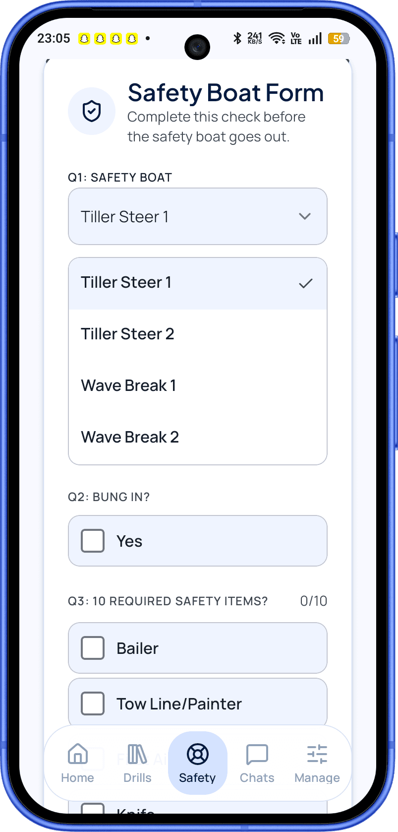 Sail Me safety boat form.